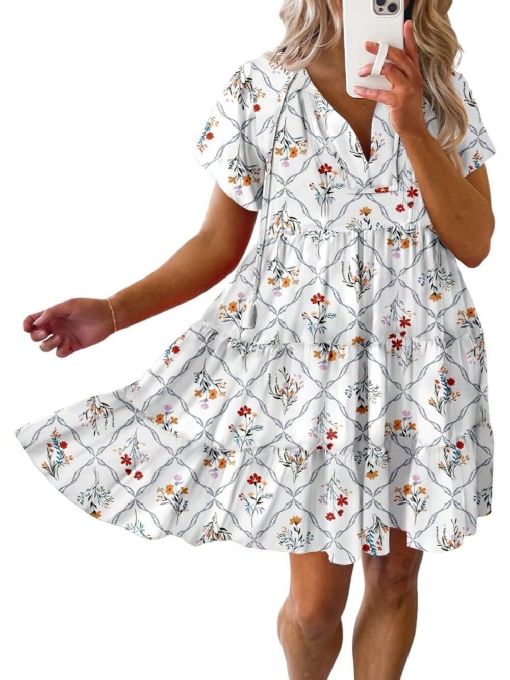 Women's Summer Boho Floral Dress V Neck White Short Sleeve Sundresses Flowy